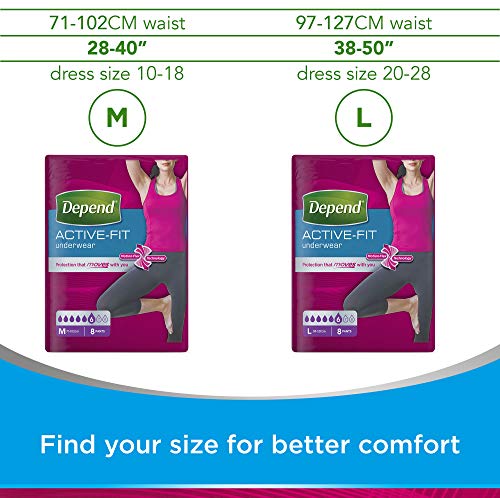 Depend Active Fit – Pañales para adultos para mujer, máxima absorción (el embalaje puede variar), tamaño mediano, 8 bragas