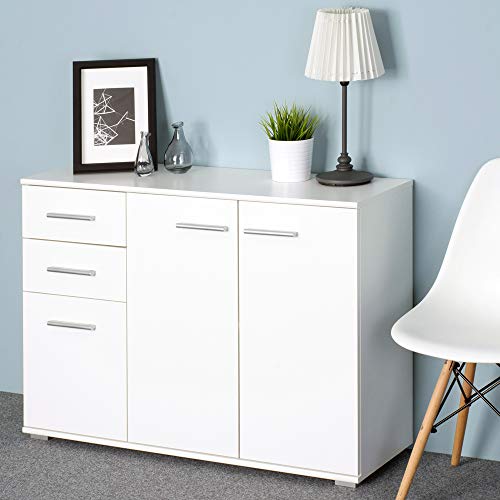 Deuba Aparador Alba Blanco Buffet con 3 Puertas y 2 cajones cómoda de Madera Dormitorio Comedor almacenaje 107x75x35 cm