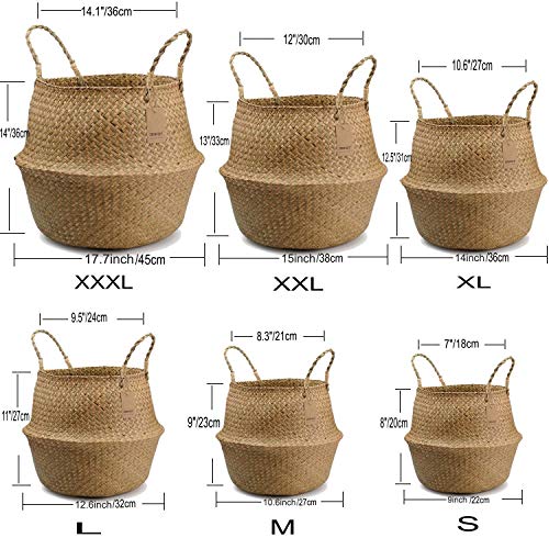 DOKOT Natural Seagrass Mimbre Cesta de Cesteria, Cestos para la Colada con Asa, Cesta Plegable para el Vientre Maceta, Decoracion para el Hogar Almacenar Juguetes, Ropa, Fruta o Plantas 22 x 20 cm