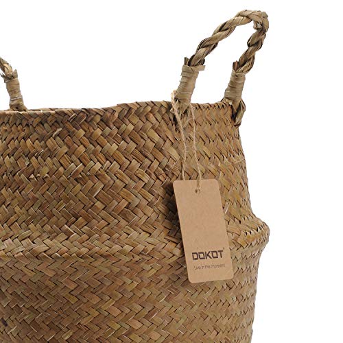 DOKOT Natural Seagrass Mimbre Cesta de Cesteria, Cestos para la Colada con Asa, Cesta Plegable para el Vientre Maceta, Decoracion para el Hogar Almacenar Juguetes, Ropa, Fruta o Plantas 22 x 20 cm