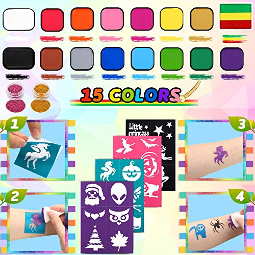 Dookey Pintura Facial, Maquillaje al Agua, Pinturas Cara para Fiestas/Cosplay/Halloween, con 17 Colores, 2 Purpurina, 24 Formas de Plantilla, ect...