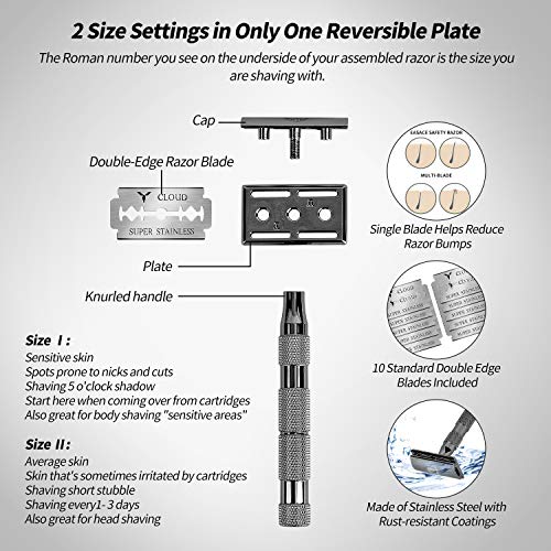 EASACE Cuchilla de Doble Filo Kit de Maquinilla de Afeitar para Hombres Mujeres Afeitado Húmedo+1 Soporte+1 Cepillo de Limpieza+10 Cuchillas de Doble Filo de Acero Inoxidable (Negro)