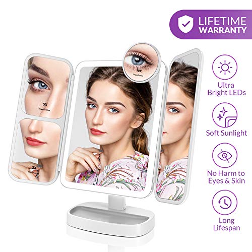 EASEHOLD Espejo Maquillaje con Luz, Triple Espejo Plegable con Aumentos 10x, 5X, 2X, 1x, 38 Lámpara LED 180º con Mostrador, Regalos Originales para Mujer, Carga con USB o Batería (Blanco)