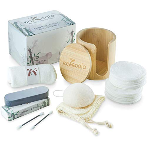 ecKoala® Set Desmaquillante – 16 Discos Desmaquillantes Lavables + caja de Bambú + Toallita Desmaquillante de Fibra Natural + Cotonetes Reutilizables + Esponja Konjac + Bolsa de lavado – Regalo Ideal