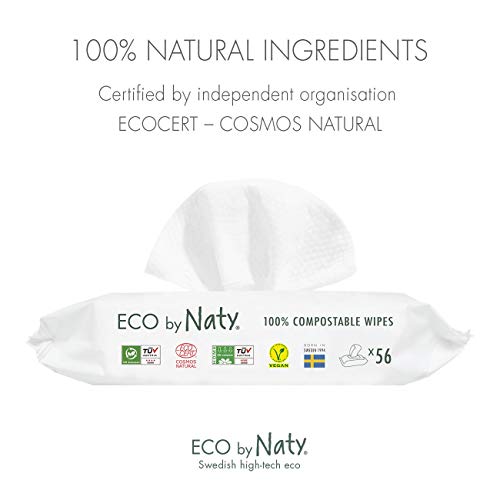 Eco by Naty Toallitas sin Fragancia para bebé, 672 unidades (12 paquetes de 56), Toallitas húmedas compostables hechas a base de fibras vegetales. 0% plástico. Sin sustancias nocivas.