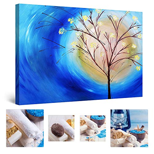 Eco Light - Lienzo decorativo para pared (60 x 90 cm, 4 unidades), diseño de árbol de cielo azul y sol