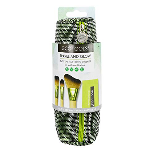 EcoTools® Travel and Glow - Juego con brochas de maquillaje para el rostro, estuche y papeles matificantes, ideal para viaje