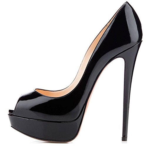 ELASHE - Zapatos para Mujer - Tacón de Aguja -15CM Peep Toe - 3CM Plataforma Tacones Mujer Fiestas Oficina Negro EU38