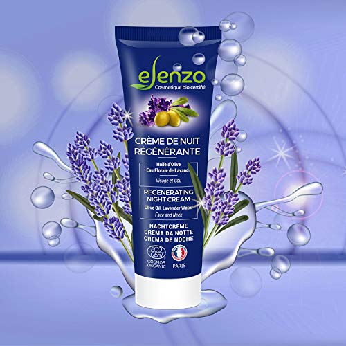 eLenzo • Crema de Noche Certificada BIO • Hidratante para Rostro y Cuello • Aceite de Oliva y Karité, Agua de Lavanda • COSMOS ORGANIC de ECOCERT • Hecha en Francia • Todo tipo de piel • 50ml