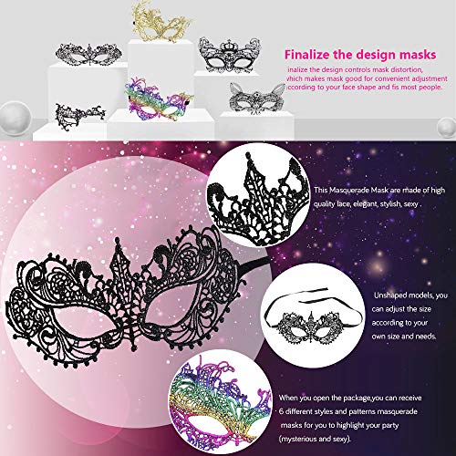 EMAGEREN 6pcs Máscaras Venecianas de Encaje, Antifaz de Encaje Negro, Máscara Atractiva para Mujer, Máscara para Halloween, Veneciano Carnaval, Masquerade, Fiesta de Baile, FIiesta de Soltera