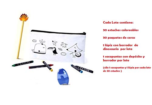 Emotiset Lote de 30 estuches para colorear y 30 packs de ceras,añadimos 1 lápiz con borrador y 1 sacapuntas por Lote.Regalo Original para cumpleaños,fiestas,colegios,comuniones,eventos infantiles