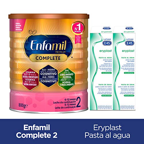 Enfamil Complete 2 Leche Infantil de Continuacion para Lactantes Bebés de 6 a 12 Meses - 800 gr + Eryplast Lutsine E45 Pasta al Agua Crema Pañal Bebé - 2 x 125 ml