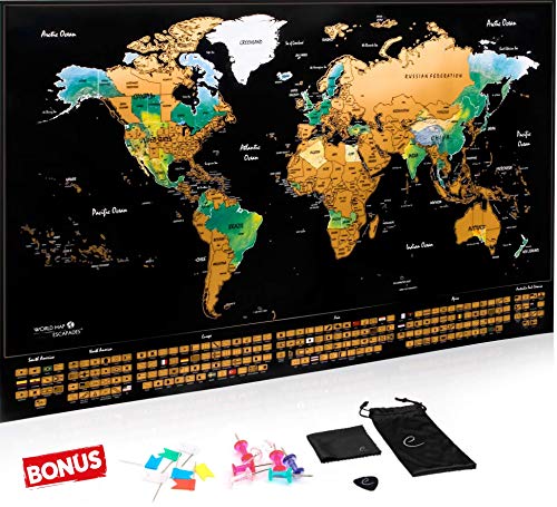 Escapades Mapa Mundi rascar XXL, edición Original con Las Banderas de Todos los países. El Regalo Ideal para los viajeros. Tamaño Grande: 69x44 cm + Accesorios Gratis