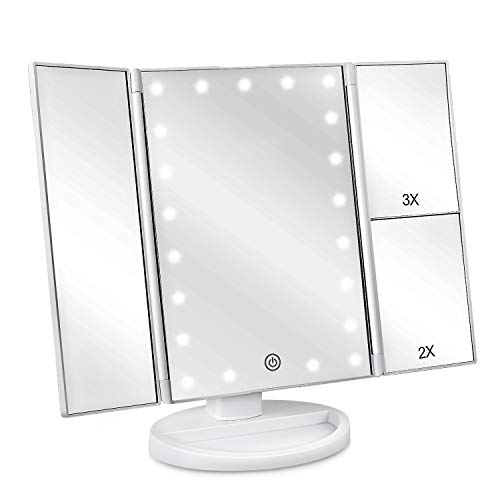 Espejo de Maquillaje con LED, Natural Iluminado Espejo de Mesa Luz con Ampliación 1X / 2X / 3X Plegable Espejo de la Vanidad Rotación 180° Pantalla Táctil Espejo Cosmético para Hombre y Mujer