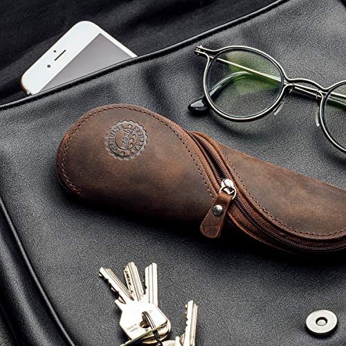 Estuche de cuero auténtico - estilo vintage hecho a mano suave estuche de gafas delgadas, estuche de lápices y cartuchera