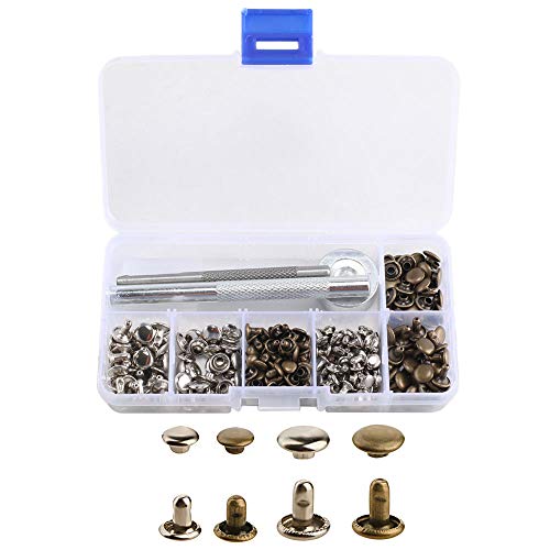 ETSAMOR 120pcs Remaches de cuero corchetes de presion metalicos 2 tamaños remache de doble tapa pernos de metal de plata/bronce con 3 piezas de herramientas de fijación y caja para piel,abrigo bolsas