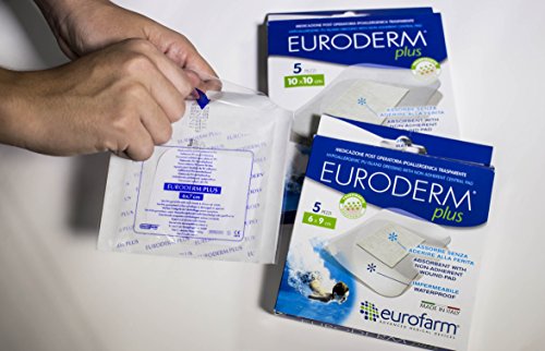 Euroderm Plus (cm 5 x cm 7) Apósito Transparente en Poliuretano con Compresa Central de Gran Absorción. Actúa Como Barrera contra Bacterias y es Resistente al Agua,6 Unidades