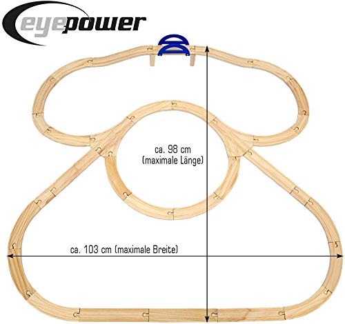 EYEPOWER Circuito de Tren + Pueblo | 130 Piezas de Madera | 5 Metros de ferrocarril + Casas + árboles + Coches + Personaje + etc | para niños y niñas