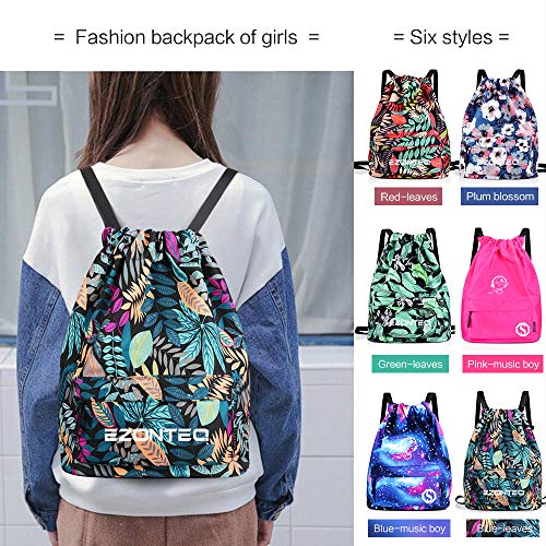 EZONTEQ Mochilas casual Unisex lona para PC Viaje Libros Acampada Estudiantes Escuela Bolsa de cuerda Bolsas de gimnasia Mochila cuerda para Niño Niña Chica Hombre Mujer - Azul oscuro Hojas