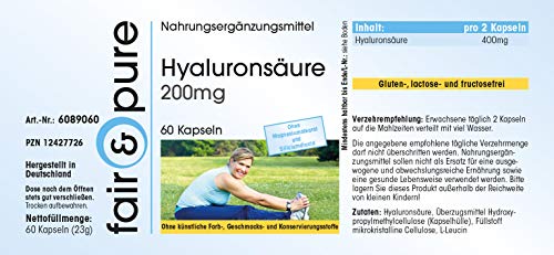 Fair & pure 6089060 - 60 Cápsulas de 200 mg de Ácido hialurónico (vegano, libre de estearato de magnesio, dióxido de silicio, aditivos y conservantes)