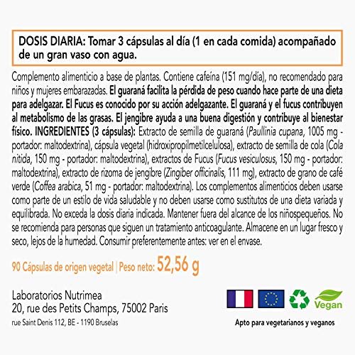 Fat Burner Natural, Termogénico Quemagrasas Potente Para Adelgazar, Guaraná, Fucus, Jengibre, Cafe Verde, Mujeres y Hombres, Supresor Apetito, Acelerar Metabolismo, Capsulas Veganas, Fabricado Francia