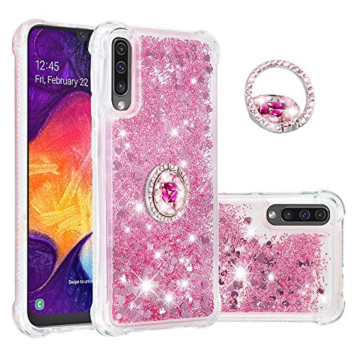 FAWUMAN Funda Samsung Galaxy A50/A505/A30S/A50S TPU Silicona Purpurina Carcasa,Funda para teléfono móvil de Arena movediza líquida en Forma de corazón con Base de Anillo de Diamantes