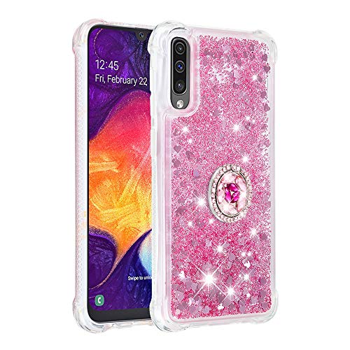 FAWUMAN Funda Samsung Galaxy A50/A505/A30S/A50S TPU Silicona Purpurina Carcasa,Funda para teléfono móvil de Arena movediza líquida en Forma de corazón con Base de Anillo de Diamantes