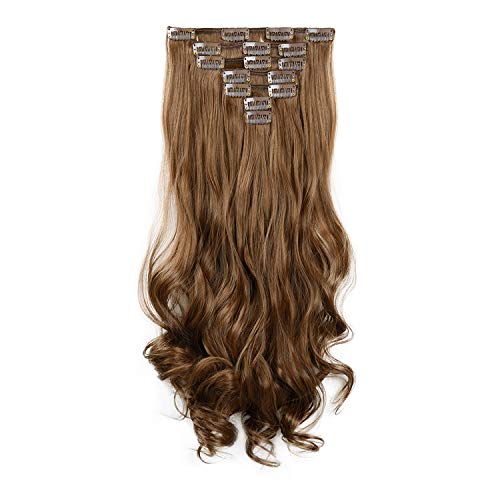 FESHFEN Clip Extensiones de Pelo Natural, 7 Piezas 16 Clips Full de Cabeza de Clip en el Pelo Extensiones de Cabello Clip Rizado 50cm Postizos de Pelo Natural Ondulado