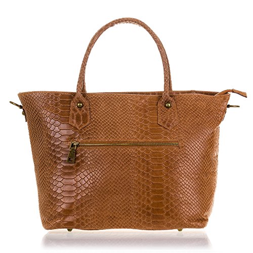 FIRENZE ARTEGIANI.Bolso Tote de Mujer Piel auténtica.Bolso Mujer Cuero Genuino,Piel Acabado Grabado Serpiente y Lacado. Made IN Italy. Vera Pelle Italiana. 36x23x15 cm. Color: Marron