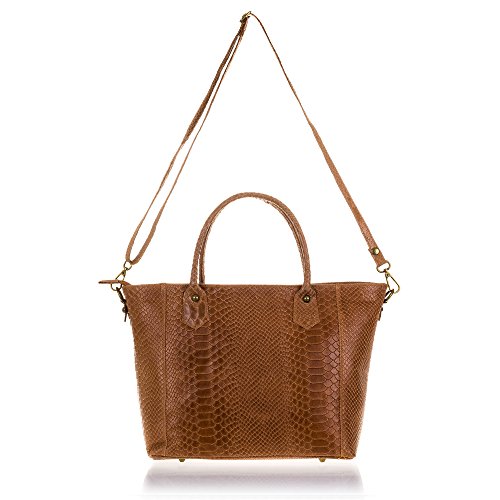 FIRENZE ARTEGIANI.Bolso Tote de Mujer Piel auténtica.Bolso Mujer Cuero Genuino,Piel Acabado Grabado Serpiente y Lacado. Made IN Italy. Vera Pelle Italiana. 36x23x15 cm. Color: Marron