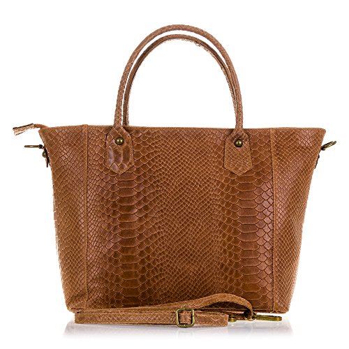 FIRENZE ARTEGIANI.Bolso Tote de Mujer Piel auténtica.Bolso Mujer Cuero Genuino,Piel Acabado Grabado Serpiente y Lacado. Made IN Italy. Vera Pelle Italiana. 36x23x15 cm. Color: Marron