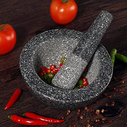 Flexzion Set de mortero y Maja de Piedra Granito, Tazón machacador y pilón para machacar Guacamole, Hierbas, Especias, ajo, píldoras medicinales y Granos, 6.4 Pulgadas 16 cm, Color Negro