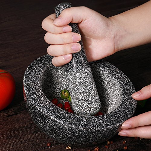 Flexzion Set de mortero y Maja de Piedra Granito, Tazón machacador y pilón para machacar Guacamole, Hierbas, Especias, ajo, píldoras medicinales y Granos, 6.4 Pulgadas 16 cm, Color Negro