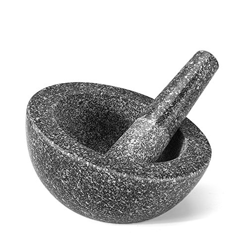 Flexzion Set de mortero y Maja de Piedra Granito, Tazón machacador y pilón para machacar Guacamole, Hierbas, Especias, ajo, píldoras medicinales y Granos, 6.4 Pulgadas 16 cm, Color Negro