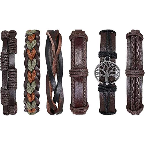 flintronic® Pulsera Hombre, 6 Piezas Personalidad Retro Tejida Pulsera de Traje de Cuero Multicapa, Pulseras Retro, Moda Pulsera de Cuero Brazalete Trenzado Roccia Punk, Ajustable (#3 Serie)