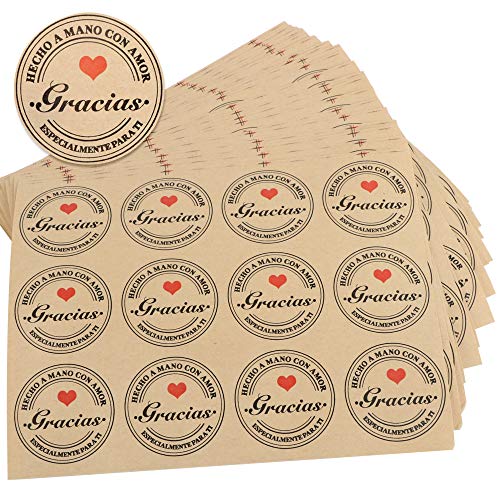 FLOFIA 300pcs Pegatinas Etiquetas Adhesivas Estampadas Hecho a Mano con Amor Gracias Especialmente para Ti de Papel Kraft Marrones Galletas Mermeladas Jabón Regalo Recuerdo Boda Cumpleaños, Diá. 4cm