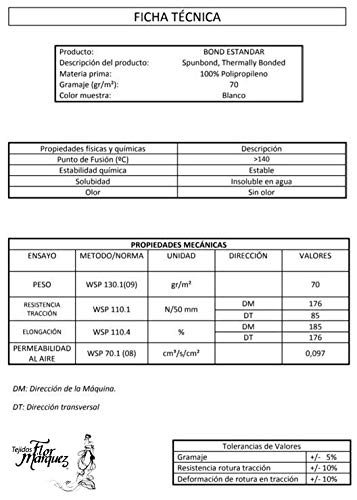 Flor Márquez® - TNT de 70 gr/m², Impermeable, Lavable, para Filtros de Mascarillas Higiénicas, Batas. Certificado OEKO TEX. Tejido No Tejido, Blanco, 100% Polipropileno. Elige Tamaño: (1,60 x 1,00 mt)