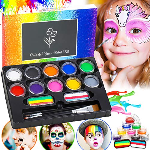 Flyfun Pinturas Cara para Niños, 12 Colores Pintura Facial Lavable (Incluye 2 Paleta de Tortas Arcoíris) + 3 Pinceles Seguro y No Tóxico para Halloween/Fiestas/Semana Santa/Cosplay/Fiestas Temáticas