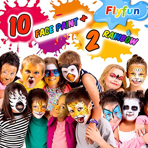 Flyfun Pinturas Cara para Niños, 12 Colores Pintura Facial Lavable (Incluye 2 Paleta de Tortas Arcoíris) + 3 Pinceles Seguro y No Tóxico para Halloween/Fiestas/Semana Santa/Cosplay/Fiestas Temáticas