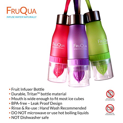 FruQua by Ayka Solutions - Botella de agua de tritan con infusor de frutas sin BPA, 650 ml - Incluye un libro electrónico gratis con recetas de infusiones de frutas - Producto a prueba de fugas - Disponible en 7 vibrantes colores, hombre Infantil mujer, a