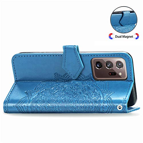 Funda para Samsung Galaxy Note 20 Ultra, Carcasa Libro con Tapa Flip Case Antigolpes Golpes Cartera PU Cuero Suave Soporte con Correa de Mano Cordel - Mandala Azul