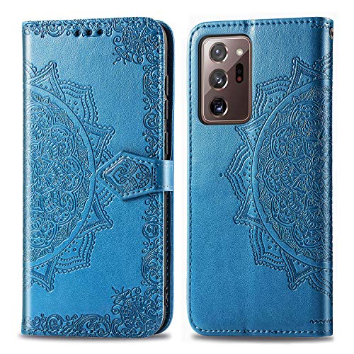 Funda para Samsung Galaxy Note 20 Ultra, Carcasa Libro con Tapa Flip Case Antigolpes Golpes Cartera PU Cuero Suave Soporte con Correa de Mano Cordel - Mandala Azul