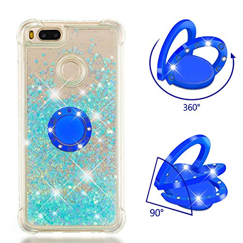 Funda Xiaomi Mi A1 / Xiaomi 5X TPU Silicona Purpurina Carcasa,Funda para teléfono móvil de Arena movediza líquida en con Base de Anillo de Diamantes (Estrellas Azules Fluorescentes)