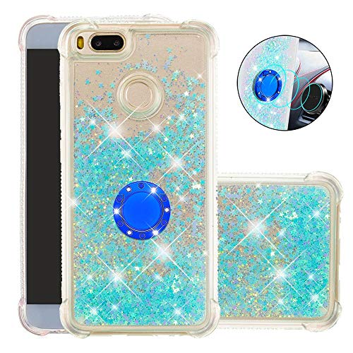 Funda Xiaomi Mi A1 / Xiaomi 5X TPU Silicona Purpurina Carcasa,Funda para teléfono móvil de Arena movediza líquida en con Base de Anillo de Diamantes (Estrellas Azules Fluorescentes)