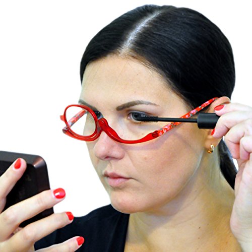 Gafas de Maquillaje, Gafas Para Maquillarse con Lente Abatible,Gafas con Lente que Gira Para Ayudarte con el Maquillaje con Funda Gratuita, Dioptrías +2.0 (Rojo)