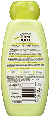 Garnier Ultra Dolce Champú Purificante arcilla Dolce y cedro para pelo tendenti ad ingrassarsi, sin parabeni, extractos nanturali, 300 ml, 3 paquetes de 2