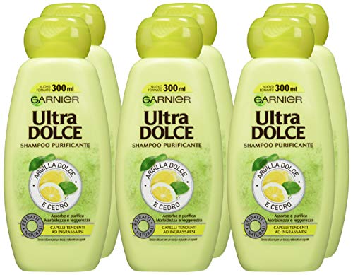 Garnier Ultra Dolce Champú Purificante arcilla Dolce y cedro para pelo tendenti ad ingrassarsi, sin parabeni, extractos nanturali, 300 ml, 3 paquetes de 2