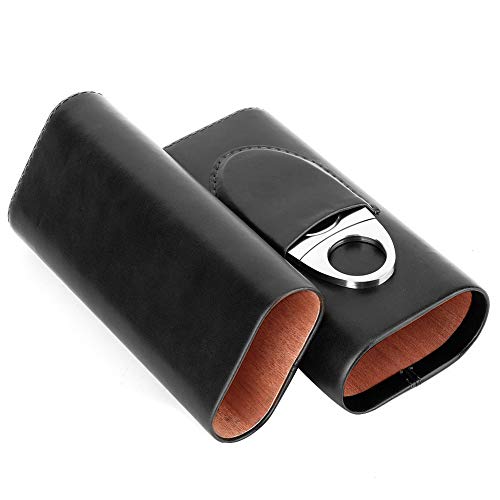 Garosa Estuche De Cuero Portátil para Viaje Cigarros De Cedro Forrado De Madera Humos para Fumadores De Cigarros 3 Tubos con Cortador De Cigarros De Acero Inoxidable Soporte De Cortador(Negro)