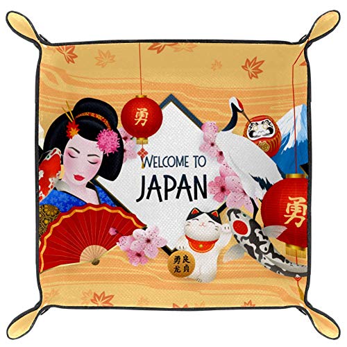 Geisha japonesa Lucky Cat Carps Carps Fuji Mountain Cuero Valet Tray Mesilla de noche de escritorio Catchall Organizador caja para joyería llavero monedero monedero caramelo