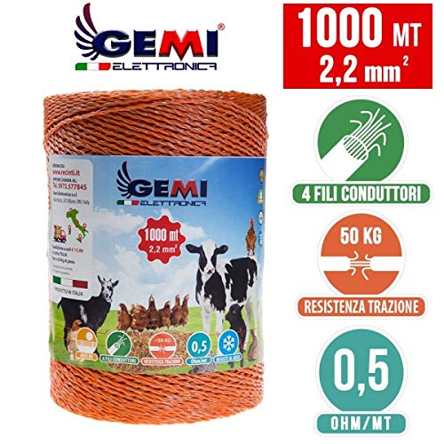 Gemi Elettronica Hilo Conductor Redondo para Pastor eléctrico Cerca eléctrica 1000 MT 2,2 mm² Valla eléctrica Valla electrificada para animales jabalí vacas caballos perros cerdos gallinas zorros